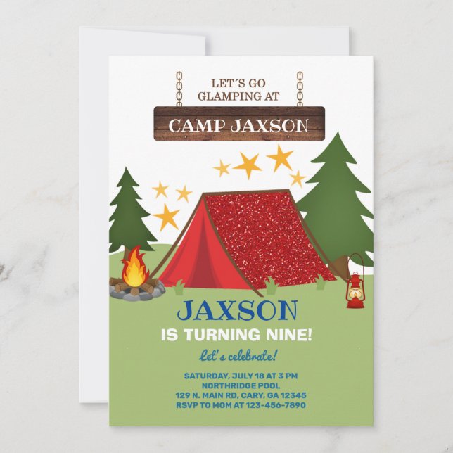Camping glamping boy birthday invitation. invitation (Front)