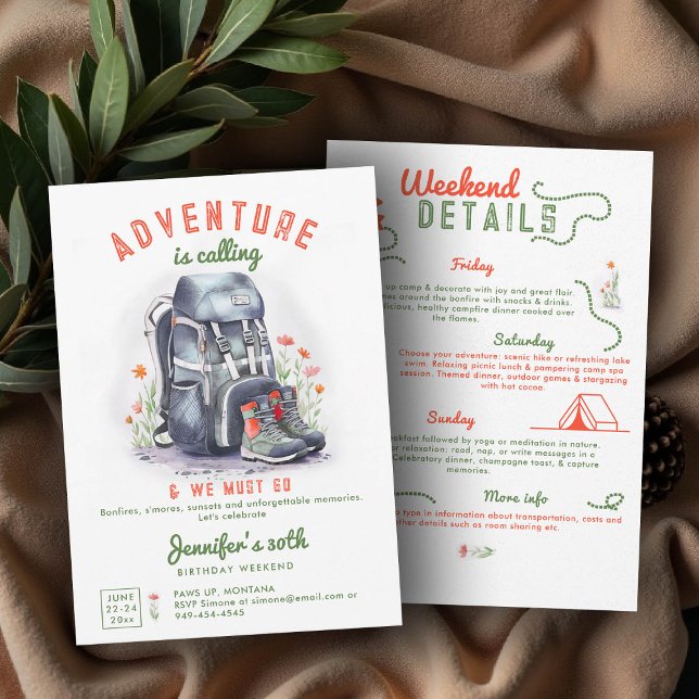 Camping Glamping Camp 3-Day 30th Birthday Weekend Invitation (camping 30th birthday invitation glamping colorful backpack watercolor hiking weekend itinerary)