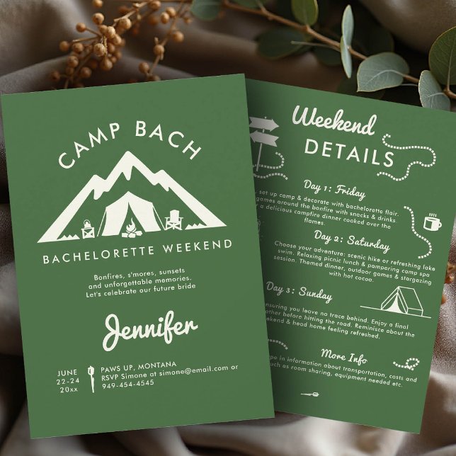 Camping Glamping Green 3 Days Bachelorette Party Invitation (camping bachelorette itinerary camp bach green glamping 3 days elegant modern chic)