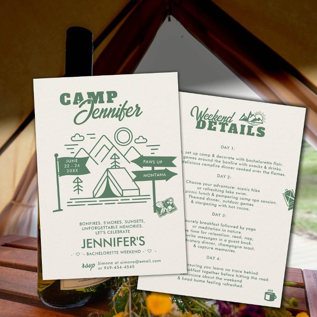 Camping Glamping Mountain Green Bachelorette Party Invitation (camping bachelorette weekend itinerary modern minimalist camp bride bridesmaids mountains)