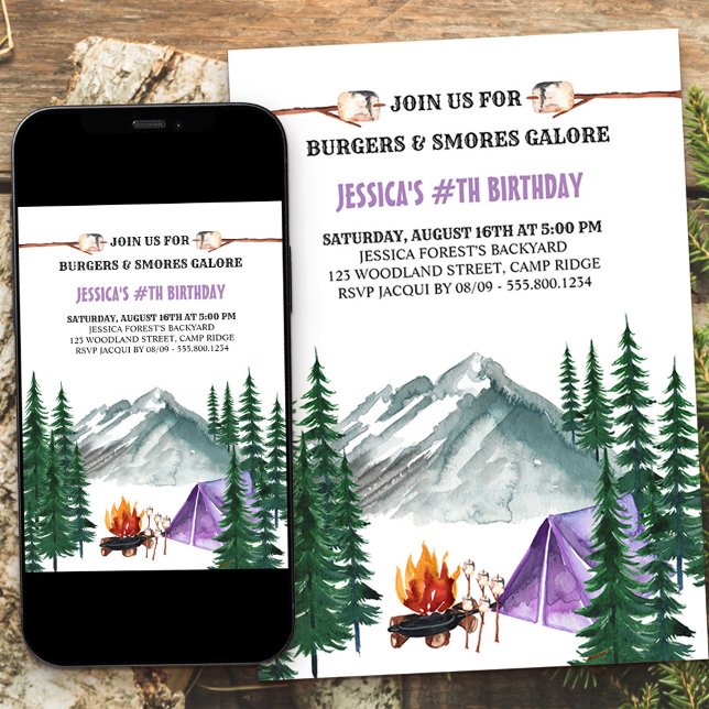 Camping Grill and Smores Camp Out Girl's Birthday Invitation (Creator Uploaded)
