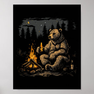 Camping Grizzly Bear Drinking Beer Hiking Nature O Poster