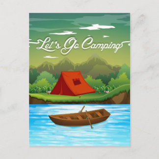 Camping ground with tent and boat postcard