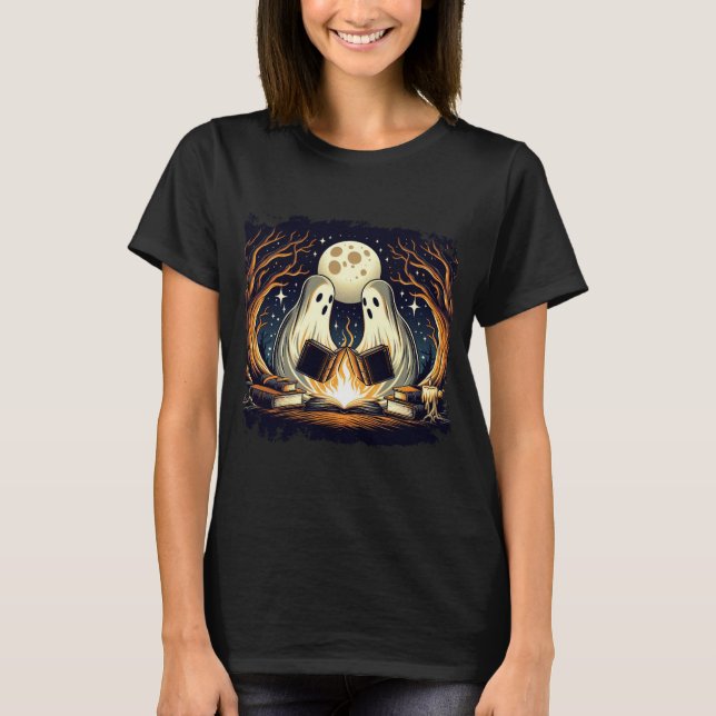 Camping Halloween Ghost Reading Book  T-Shirt (Front)