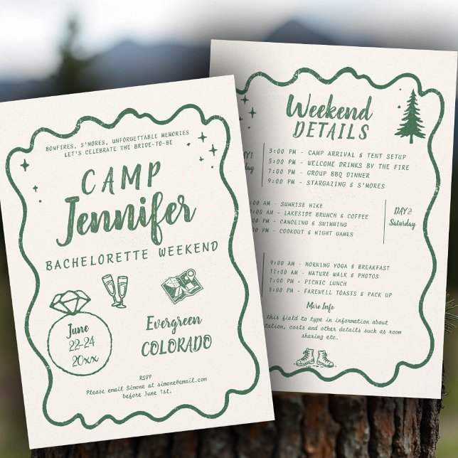 Camping Hand Drawn Frame Green Bachelorette Party Invitation (camp bachelorette invitation handwriting hand written camping glamping hiking itinerary bach)