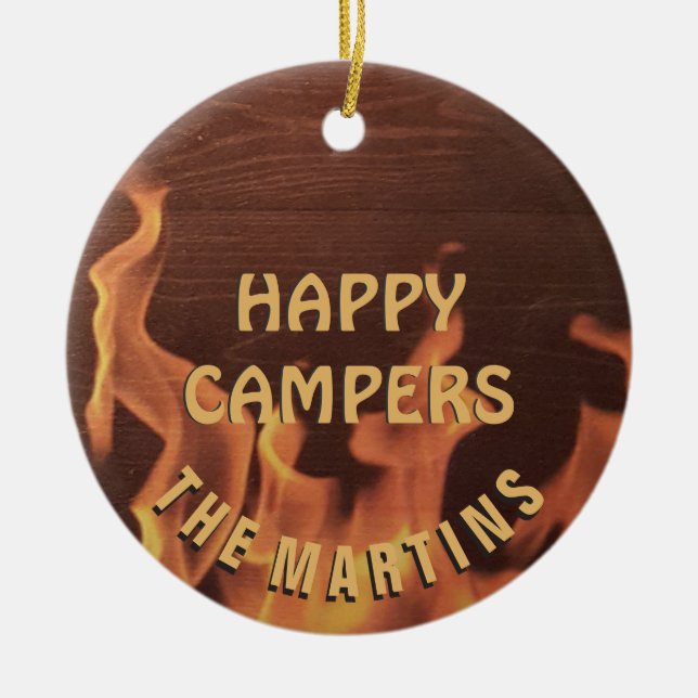 Camping Happy Camper Campfire Retired Personalised Ceramic Tree Decoration (Front)