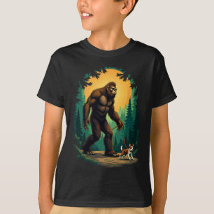 Camping Hiking Bigfoot Walking With Boston Terrier T-Shirt