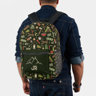 Camping Hiking Campsite Patterned Monogram Printed Backpack