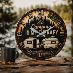 Camping Is My Therapy Vintage Camper Gift Large Clock