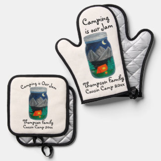 Camping is Our Jam Tent and Mountains in Jar Oven Mitt & Pot Holder Set