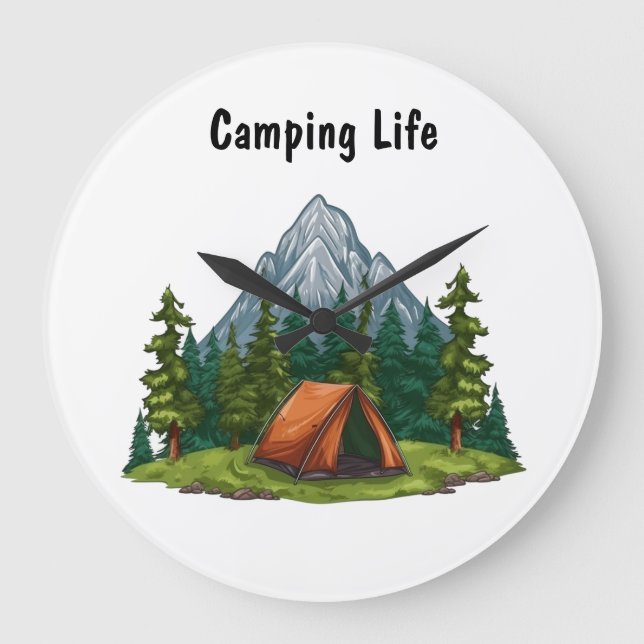 Camping Life, with a tent in the woods backpacking Large Clock (Front)