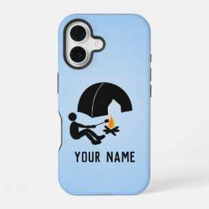 Camping man with Tent, add your name to blue iPhone 16 Case