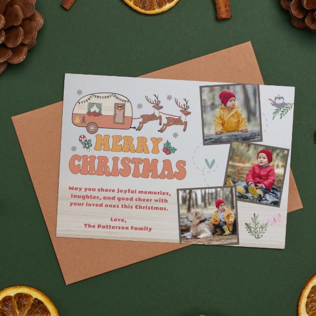 Camping Merry Christmas Photo Collage Reindeer  Holiday Card (Creator Uploaded)