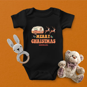 Camping Merry Christmas Reindeer Personalised Name Baby Bodysuit
