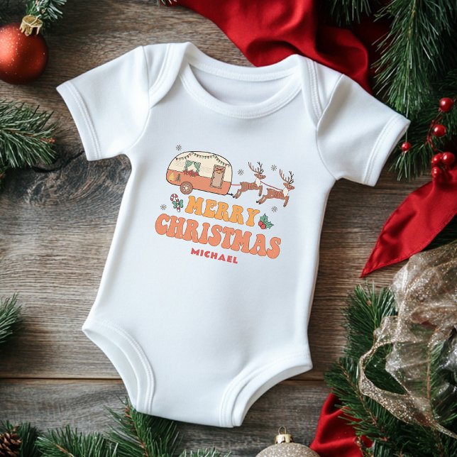 Camping Merry Christmas Reindeer Personalised Name Baby Bodysuit (Creator Uploaded)