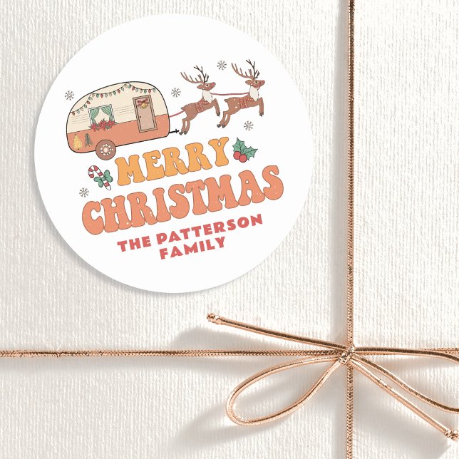 Camping Merry Christmas Reindeer Personalised Name Classic Round Sticker (Creator Uploaded)