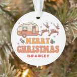 Camping Merry Christmas Reindeer Personalised Name Ornament<br><div class="desc">Camping Merry Christmas Reindeer Personalised Name Ornament features the text "Merry Christmas" in a retro script typography with a festive decorated caravan being pulled by reindeer and accented with snowflakes and holly. Personalise with your custom name. Designed by Evco Studio www.zazzle.com/store/evcostudio</div>