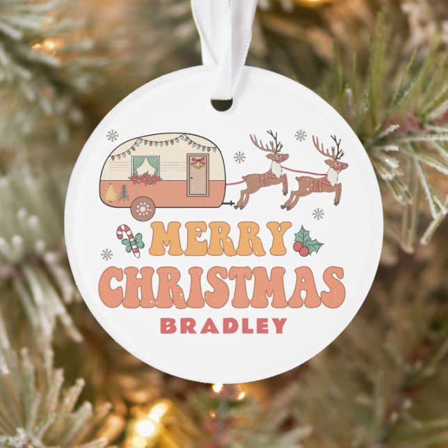 Camping Merry Christmas Reindeer Personalised Name Ornament (Tree)