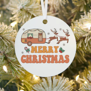 Camping Merry Christmas Reindeer Typography Metal Tree Decoration