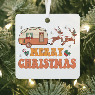 Camping Merry Christmas Reindeer Typography Metal Tree Decoration