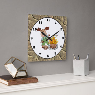 Camping Moose cartoon wall clock