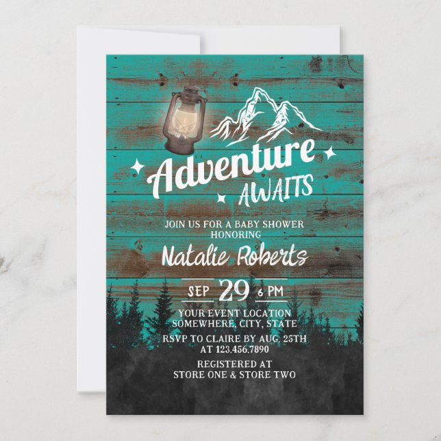 Camping Mountain Adventure Rustic Teal Baby Shower Invitation (Front)