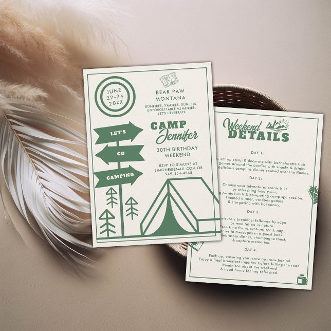 Camping Mountain Forest 30th Birthday Weekend Trip Invitation (camping 30th birthday weekend itinerary modern minimalist camp mountains forest green)