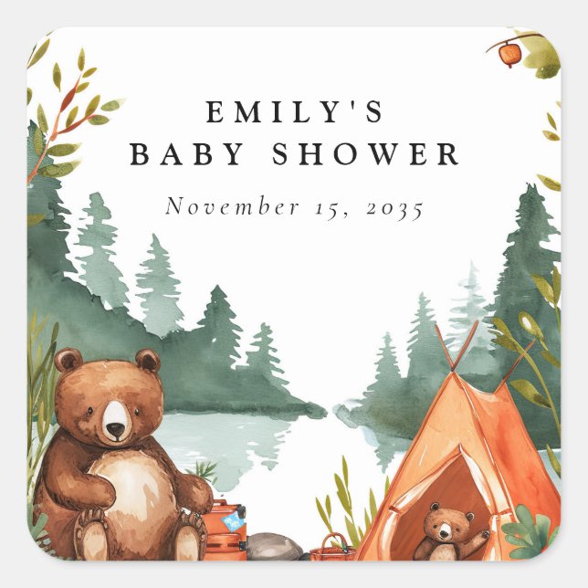Camping Mountain Rustic Baby Shower Square Sticker (Front)