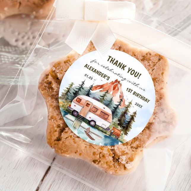 Camping Mountain Rustic Birthday Party  Classic Round Sticker (Creator Uploaded)