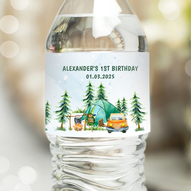 Camping Mountain Rustic Birthday Party Water Bottle Label (Creator Uploaded)