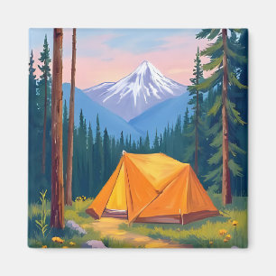 Camping Mountain Watercolor Painting Magnet
