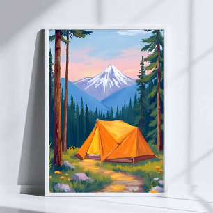 Camping Mountain Watercolor Painting Nature Poster