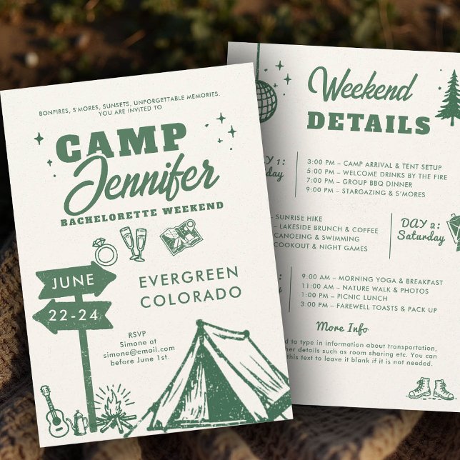 Camping Mountains Camp Green Bachelorette Party Invitation (camp bachelorette invitation itinerary camping glamping hiking nature bach modern hand drawn)