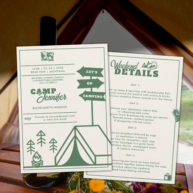 Camping Mountains Forest Green Bachelorette Party Invitation (camping bachelorette weekend itinerary modern minimalist camp bride bridesmaids mountains forest)
