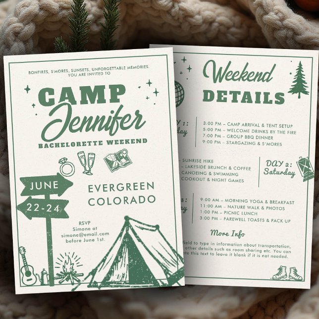 Camping Mountains Green Camp Bachelorette Party Invitation (camp bachelorette invitation itinerary camping glamping hiking mountain nature bach modern handdrawn)