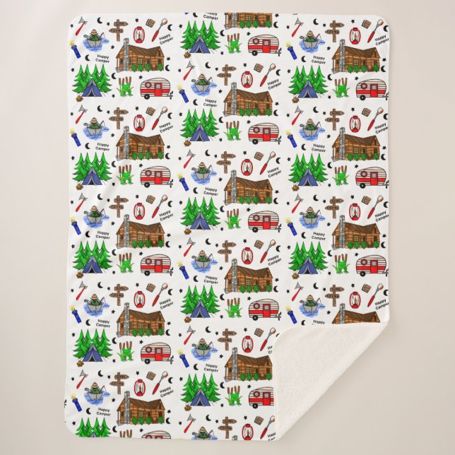Camping or Midwest Themed  Happy Camper  Sherpa Blanket (Front)