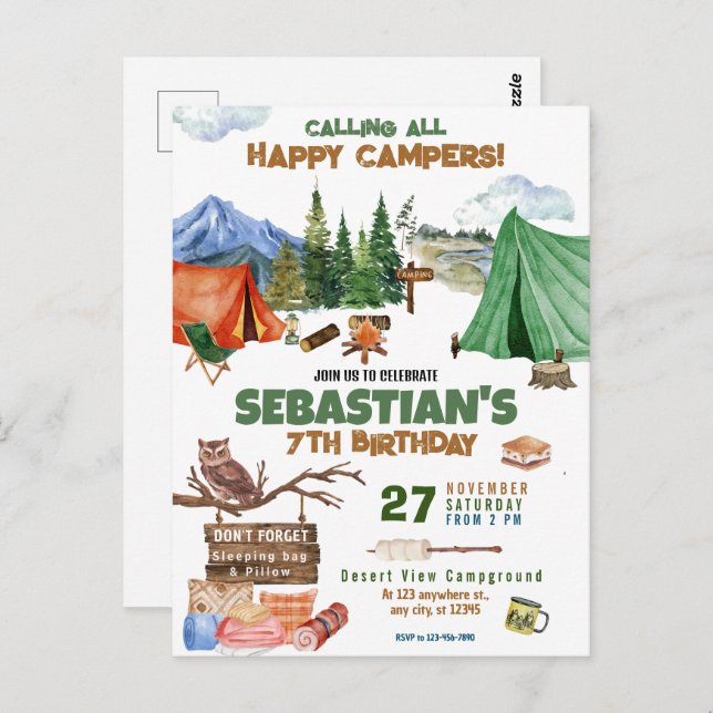 Camping Outdoor Adventure Boy Birthday Party Postcard (Front/Back)