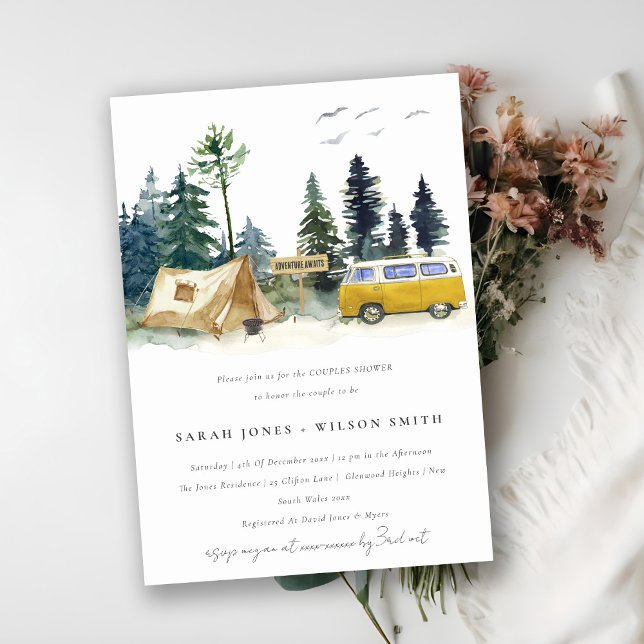 Camping Pine Forest Yellow Van Couples Shower Invitation (Creator Uploaded)