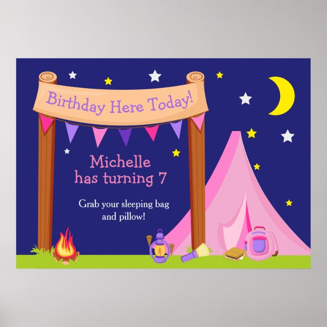 Camping Pink & Purple Birthday Poster (Front)