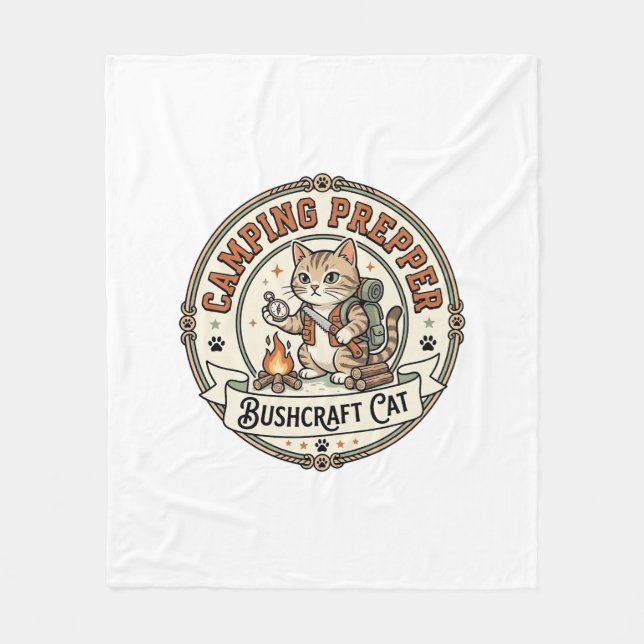Camping Prepper Bushcraft Cat Camping Prepper Bush Fleece Blanket (Front)