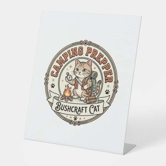 Camping Prepper Bushcraft Cat Camping Prepper Bush Pedestal Sign (Front)
