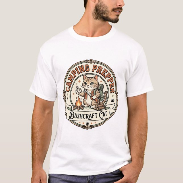 Camping Prepper Bushcraft Cat Camping Prepper Bush T-Shirt (Front)
