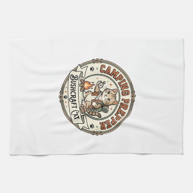Camping Prepper Bushcraft Cat Camping Prepper Bush Tea Towel (Horizontal)