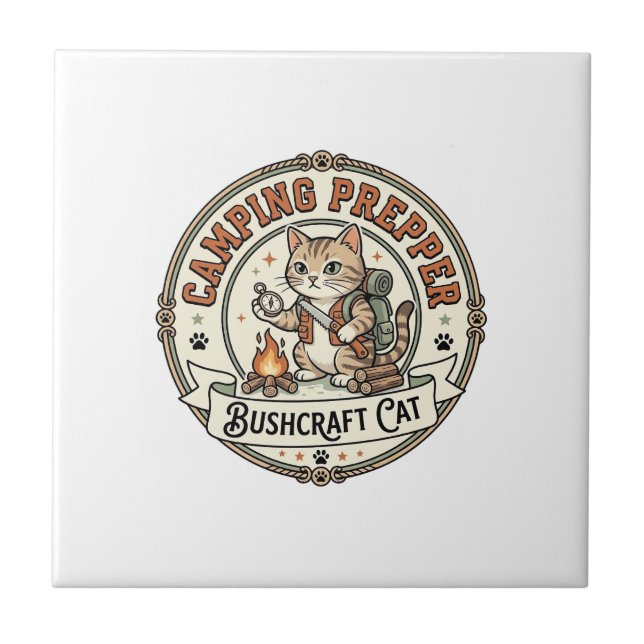 Camping Prepper Bushcraft Cat Camping Prepper Bush Tile (Front)