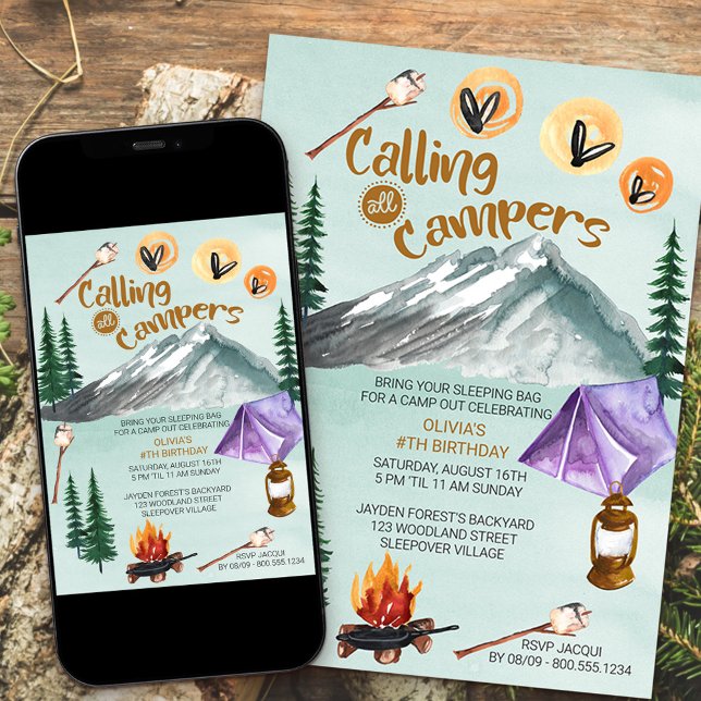 Camping Scene Calling All Campers Girls Birthday Invitation (Creator Uploaded)