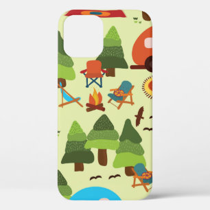 Camping scene - caravan, camping chairs, fire plac iPhone 12 case