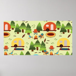 Camping scene - caravan, camping chairs, fire plac poster