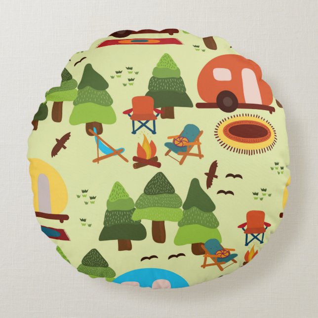 Camping scene - caravan, camping chairs, fire plac round cushion (Front)