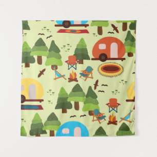 Camping scene - caravan, camping chairs, fire plac tapestry