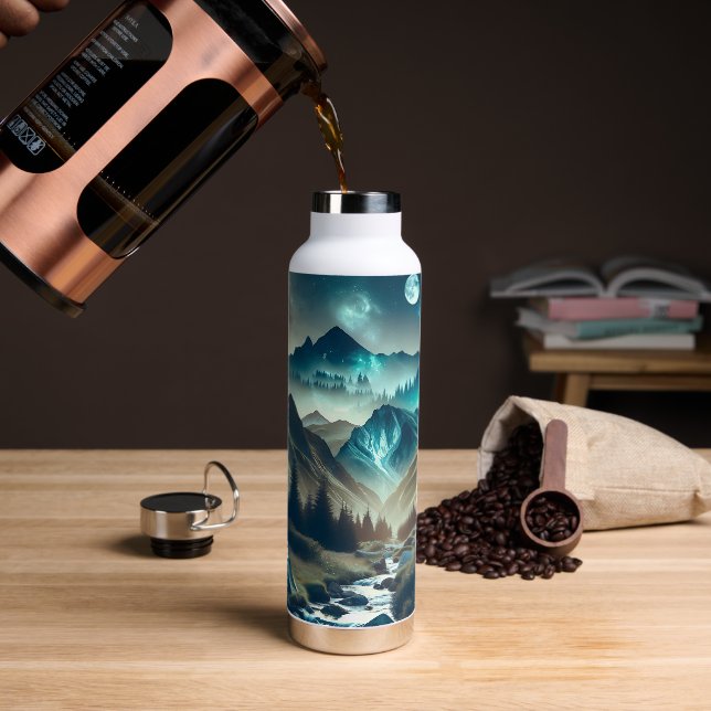 Camping Scene with Mountains and Tent  Water Bottle (Coffee)